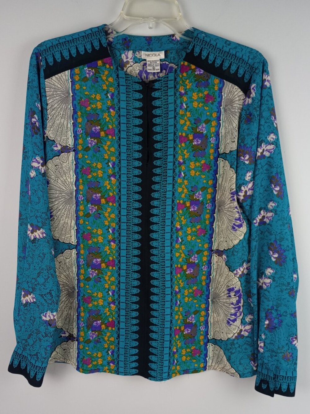 Nicola Womens 8 Turquoise Yellow White Retro Long Sleeve Floral Blouse Shirt